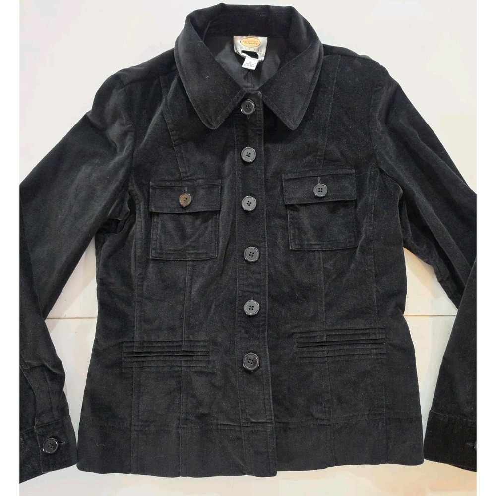 Talbots Petites Black Velvet Stretch Blazer Jacket Size 8P Chunky Button Pocket‎